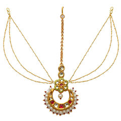 Red and Maroon, White and Off White color Mang Tikka in Copper studded with Kundan, Pearl & Gold Rodium Polish : 1585566