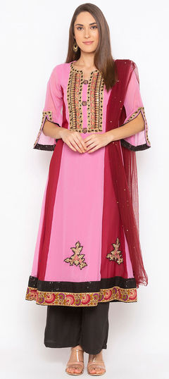 Pink and Majenta color Salwar Kameez in Georgette fabric with Patch, Sequence, Thread work