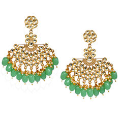 Gold Rodium Polish Beige and Brown, Green color Earrings in Brass studded with CZ Diamond, Kundan