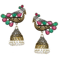 Gold and Silver Rodium Polish Multicolor color Earrings in Brass studded with CZ Diamond, Kundan