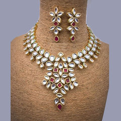 Gold Rodium Polish White and Off White color Necklace in Metal Alloy studded with CZ Diamond, Kundan