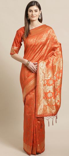 Traditional Orange color Saree in Kanchipuram Silk, Silk fabric with South Weaving work : 1588024