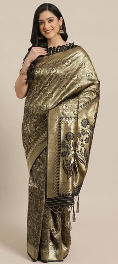 Black and Grey color Saree in Kanchipuram Silk, Silk fabric with Weaving work