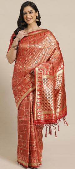 Red and Maroon color Saree in Kanchipuram Silk, Silk fabric with Weaving, Zari work