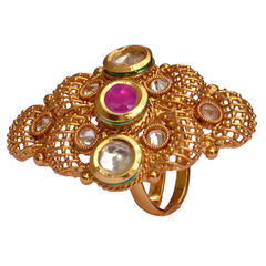 Gold Rodium Polish Pink and Majenta, White and Off White color Ring in Brass studded with Kundan