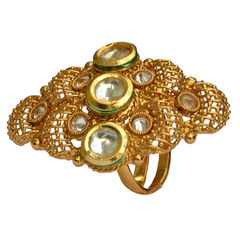 Gold Rodium Polish White and Off White color Ring in Brass studded with Kundan