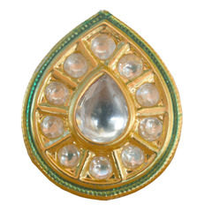 Gold Rodium Polish White and Off White color Ring in Brass studded with Kundan