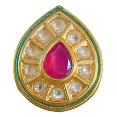 Gold Rodium Polish Pink and Majenta, White and Off White color Ring in Brass studded with Kundan