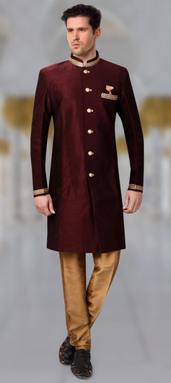 Red and Maroon color IndoWestern Dress in Silk fabric with Thread work