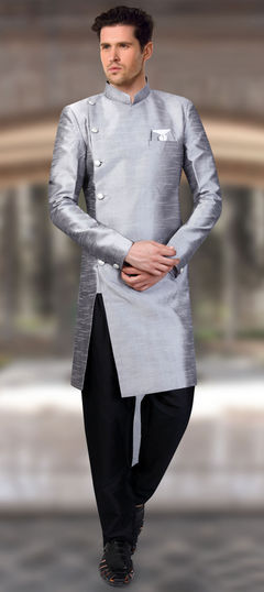 Black and Grey color IndoWestern Dress in Silk fabric with Thread work