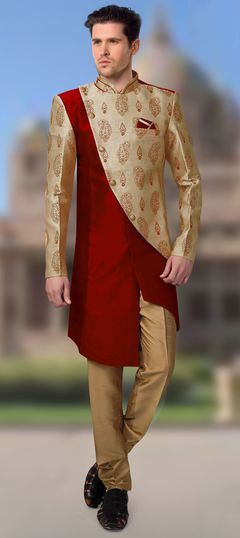 Beige and Brown, Red and Maroon color IndoWestern Dress in Jacquard fabric with Thread work