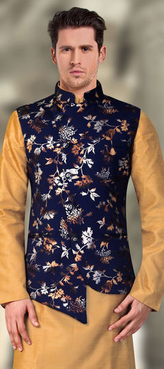 Blue color Nehru Jacket in Rayon fabric with Printed work