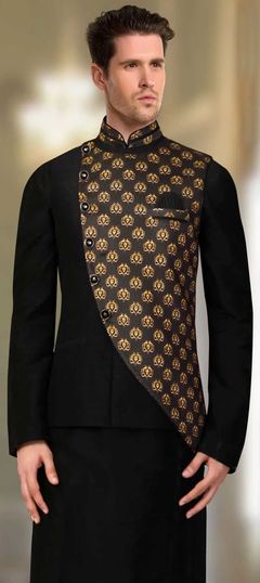 Black and Grey color Nehru Jacket in Silk fabric with Printed work : 1589417