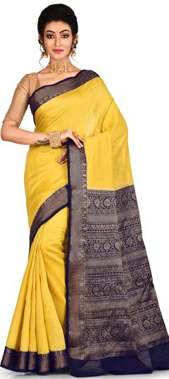 Yellow color Saree in Banarasi Silk, Silk fabric with Weaving work