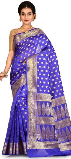 Blue color Saree in Banarasi Silk, Silk fabric with Weaving work