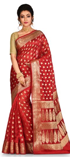 Reception, Traditional, Wedding Red and Maroon color Saree in Banarasi Silk, Silk fabric with South Weaving work : 1589772