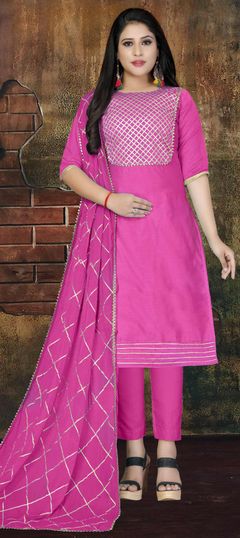 Pink and Majenta color Salwar Kameez in Art Silk fabric with Gota Patti work