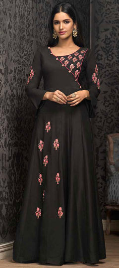 Black and Grey color Gown in Muslin fabric with Embroidered, Resham, Thread work