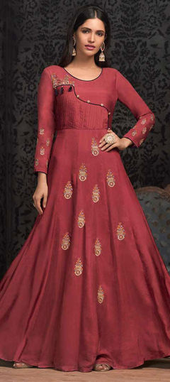Red and Maroon color Gown in Muslin fabric with Embroidered, Resham, Thread work