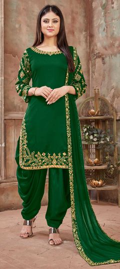 Green color Salwar Kameez in Art Silk fabric with Embroidered, Lace, Mirror, Thread work