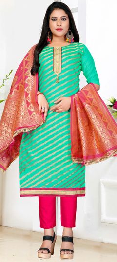 Green color Salwar Kameez in Jacquard fabric with Lace, Thread work