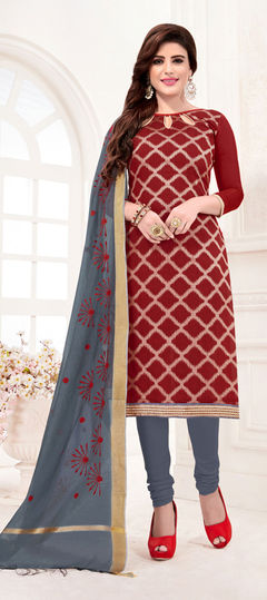 Red and Maroon color Salwar Kameez in Jacquard fabric with Weaving work