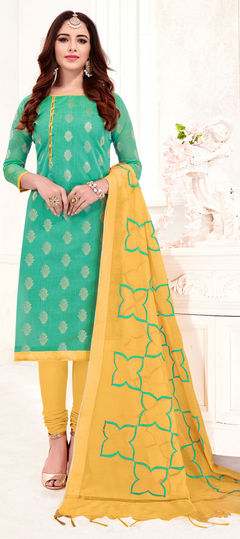 Green color Salwar Kameez in Jacquard fabric with Weaving work