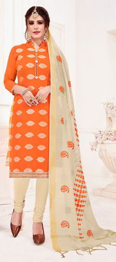 Orange color Salwar Kameez in Jacquard fabric with Weaving work