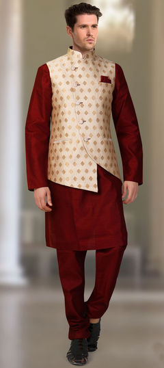 Red and Maroon color Kurta Pyjama with Jacket in Silk fabric with Thread work