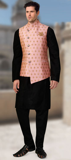 Black and Grey color Kurta Pyjama with Jacket in Silk fabric with Thread work : 1594606