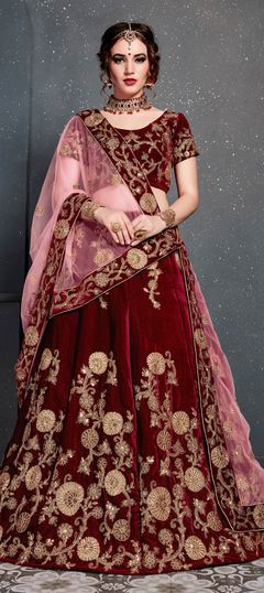 Bridal, Wedding Red and Maroon color Lehenga in Velvet fabric with A Line Embroidered, Sequence, Thread, Zari work : 1594616