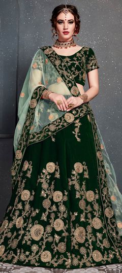 Reception, Wedding Green color Lehenga in Velvet fabric with A Line Embroidered, Sequence, Thread, Zari work : 1594618