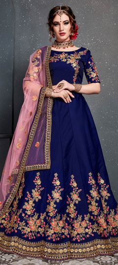 Reception, Wedding Blue color Lehenga in Taffeta Silk fabric with A Line Embroidered, Stone, Thread, Zari work : 1594622