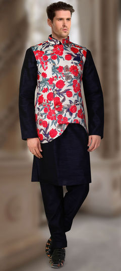 Blue color Kurta Pyjama with Jacket in Silk fabric with Thread work