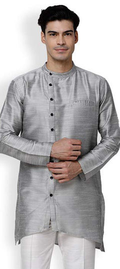 Black and Grey color Kurta in Dupion Silk fabric with Thread work