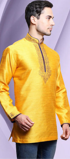 Yellow color Kurta in Dupion Silk fabric with Embroidered, Thread work