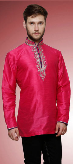 Pink and Majenta color Kurta in Dupion Silk fabric with Embroidered, Thread work