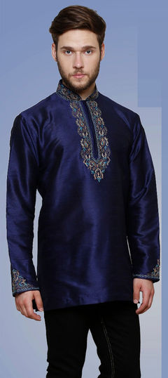 Blue color Kurta in Dupion Silk fabric with Embroidered, Thread work