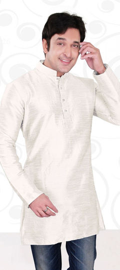 White and Off White color Kurta in Dupion Silk fabric with Thread work