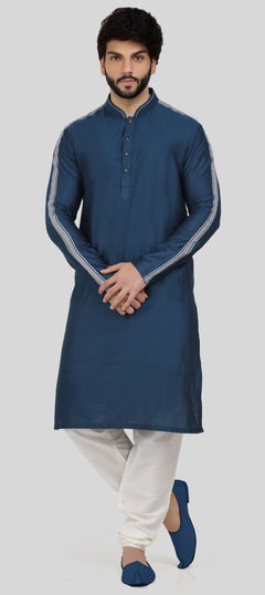 Blue color Kurta Pyjamas in Cotton fabric with Thread work