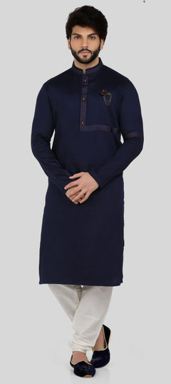 Blue color Kurta Pyjamas in Cotton fabric with Broches work