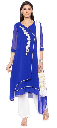 Party Wear Blue color Salwar Kameez in Georgette fabric with Angrakha, Asymmetrical Embroidered, Lace, Resham, Thread work : 1595623