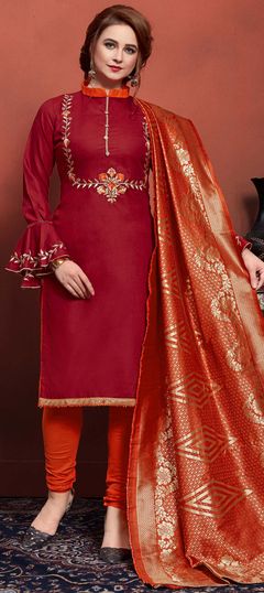 Red and Maroon color Salwar Kameez in Cotton fabric with Embroidered, Resham, Thread work