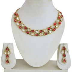 Gold Rodium Polish Red and Maroon, White and Off White color Necklace in Brass studded with CZ Diamond, Kundan