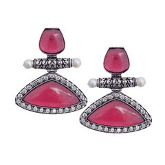 Silver Rodium Polish Pink and Majenta color Earrings in Brass studded with CZ Diamond
