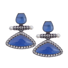 Silver Rodium Polish Blue color Earrings in Brass studded with CZ Diamond