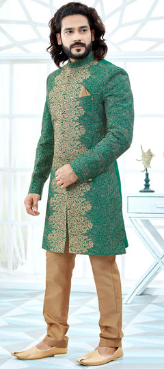 Green color Sherwani in Art Silk fabric with Embroidered, Thread work