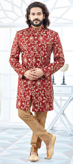 Red and Maroon color Sherwani in Bangalore Silk fabric with Embroidered, Thread work