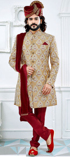 Gold color Sherwani in Art Silk fabric with Embroidered, Thread work