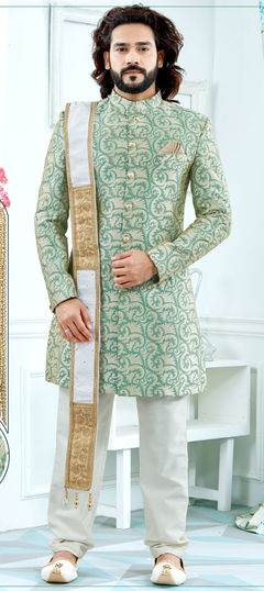 Green color Sherwani in Bangalore Silk fabric with Embroidered, Thread work